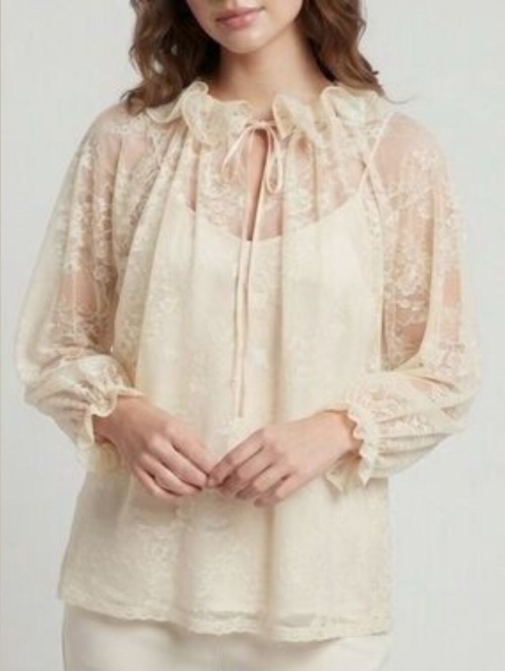 NWT 😍 Ultra Pink Sheer Lace Ruffled Tie-Neck Blouse in Cream (M To Xl)